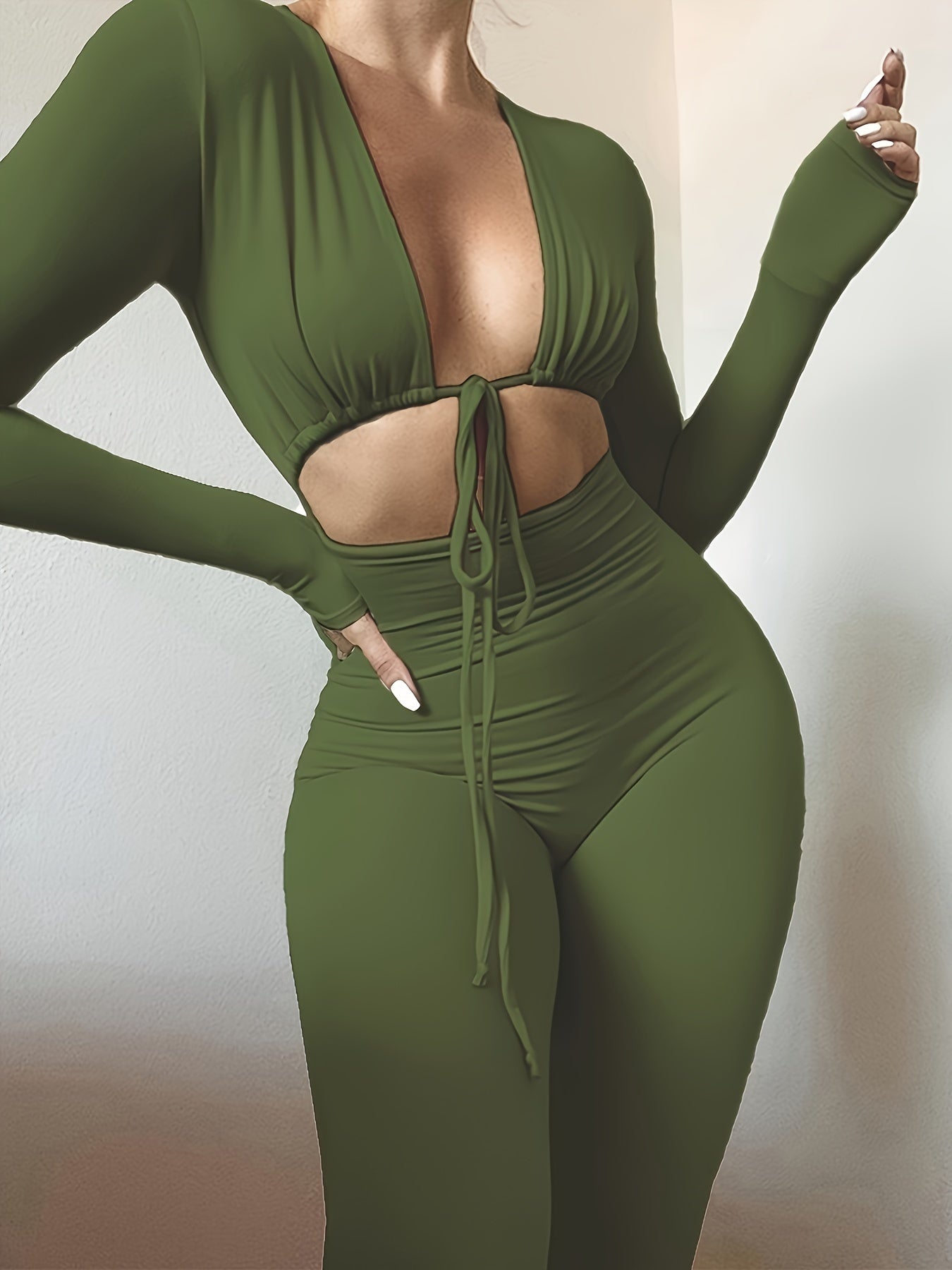 Y2K Chic Ruched Long Sleeve Tie Front Cut Out Slim Jumpsuit - Bodycon, Solid Color, Everyday Wear, Comfortable, Flattering, Women's Clothing for Casual Occasions